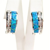 Silver Earrings (Rhodium Plated) w/ Inlay Created Opal & White CZ