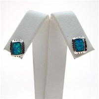 Silver Earrings (Rhodium Plated) w/ Inlay Created Opal