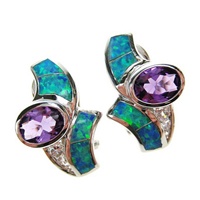 Silver Earrings (Rhodium Plated) w/ Inlay Created Opal, White & Amethyst CZ