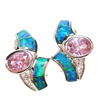 Silver Earrings (Rhodium Plated) w/ Inlay Created Opal, White & Pink CZ