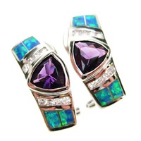 Silver Earrings (Rhodium Plated) w/ Inlay Created Opal, White & Amethyst CZ