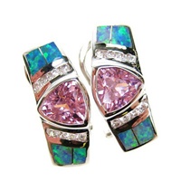 Silver Earrings (Rhodium Plated) w/ Inlay Created Opal, White & Pink CZ