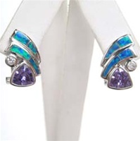 Silver Earring W/ Created Opal+Tanzanite+White CZ