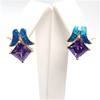 Silver Earring (Gold Plated) w/ Inlay Created Opal, White & Tanzanite CZ