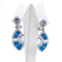 Silver Earring with Inlay Created Opal, Syn. Chalcedony, White & Tanzanite CZ