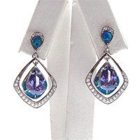 Silver Earring with Inlay Created Opal, White and Tanzanite CZ