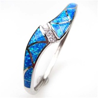 Silver Bangle W/ Inlay Created Opal & White CZ