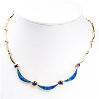 Silver Necklace (Gold Plated) W/ Inlay Created Opal, Tanzanite & White CZ