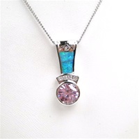 Silver Pendant w/ Created Opal, White & Pink CZ