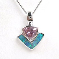 Silver Pendant w/ Created Opal and Pink CZ