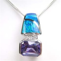 Silver Pendant W/ Created Opal+Tanzanite+White CZ