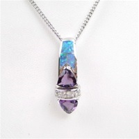 Silver Pendant w/ Created Opal, Wht & Amethyst CZ