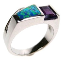 Silver Ring (Rhodium Plated) w/ Inlay Created Opal, White & Amethyst CZ